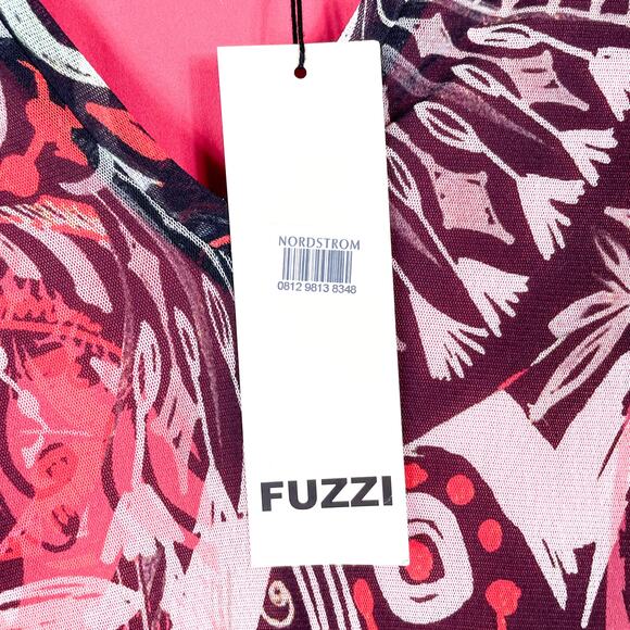 FUZZI Mystical Print Long Sleeve Midi Dress Ruby Red V-Neck Mesh Y2K 90s Sz S - Picture 10 of 11